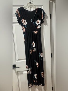 Black Floral Maxi Dress with V-Neck and Flutter Sleeves